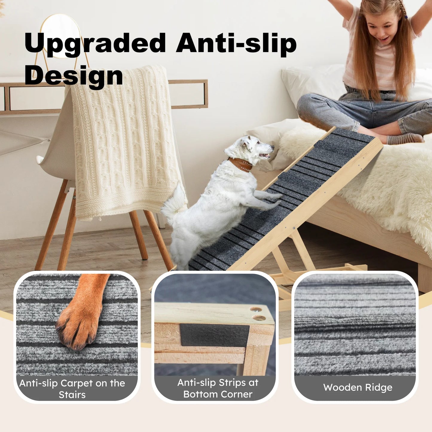 Adjustable Dog Ramp Pet Wooden Folding Dog & Cat Stair for Couch High Bed Non Slip Carpet Surface 7 Levels Height Adjustable