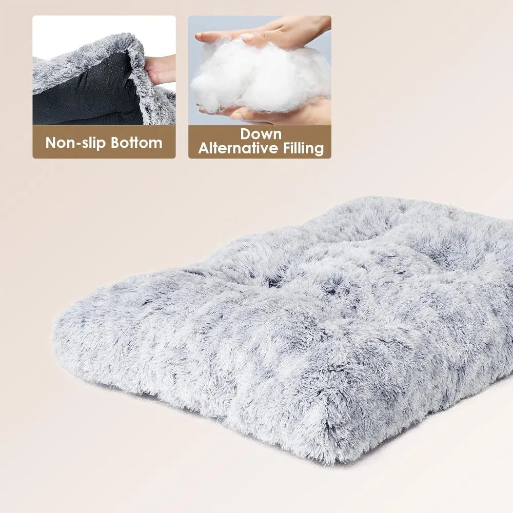 Fluffy Faux Fur Dog Crate Bed, Plush Calming Pad for Medium Dogs, Washable Soft Mat with Non-Slip Bottom