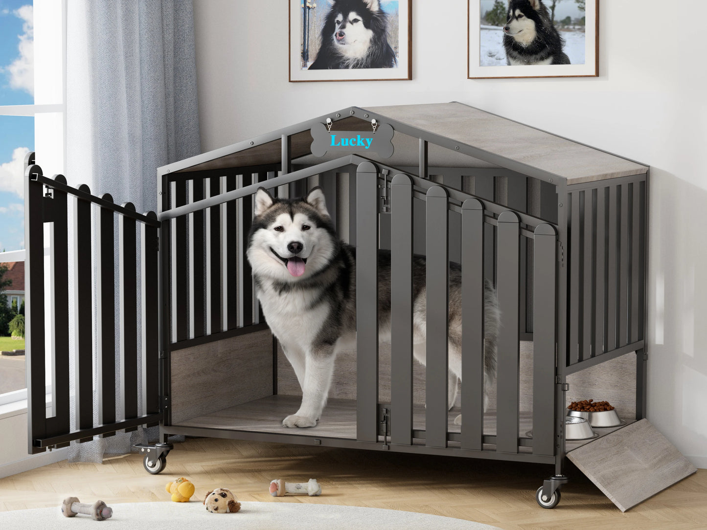 31"/41"/48“ XL Heavy Duty Dog Crate Furniture with Wheels, Dog Crates for Large Dogs Extra-Wide Thick Steel Plates for Chew Resistance