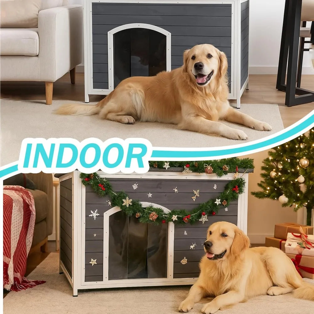 Large Outdoor Wooden Dog House for Medium to Large Dogs | Weatherproof Asphalt Roof, Chew-Resistant Frame, Indoor/Outdoor
