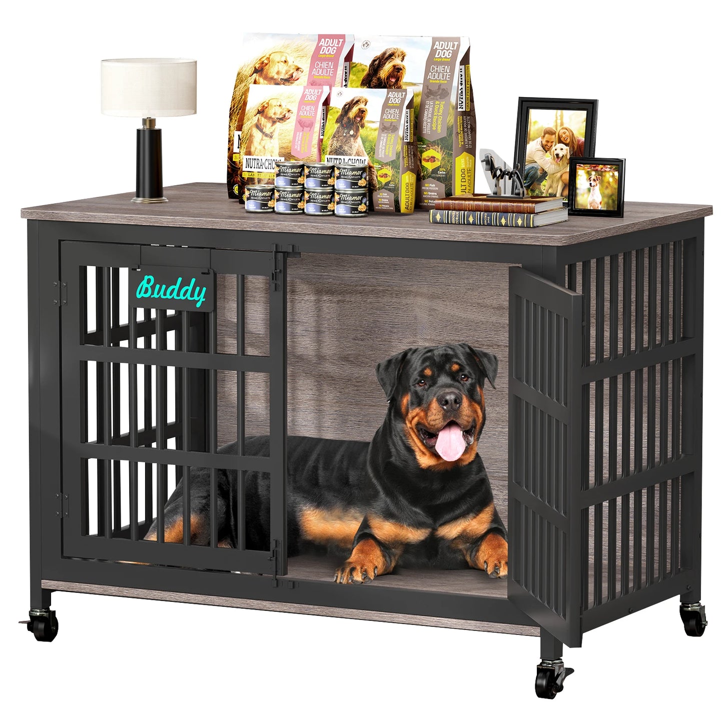 Dog Crate Furniture with Casters, Heavy Duty Dog Kennel Indoor for Large and Medium Dogs, Decorate House as TV Stand, Bedside Table