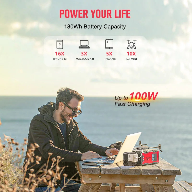 GTX180 180Wh Portable Power Station 50000mAh Power Bank Solar Generator, USB Mini Generator Portable LED Flashlight