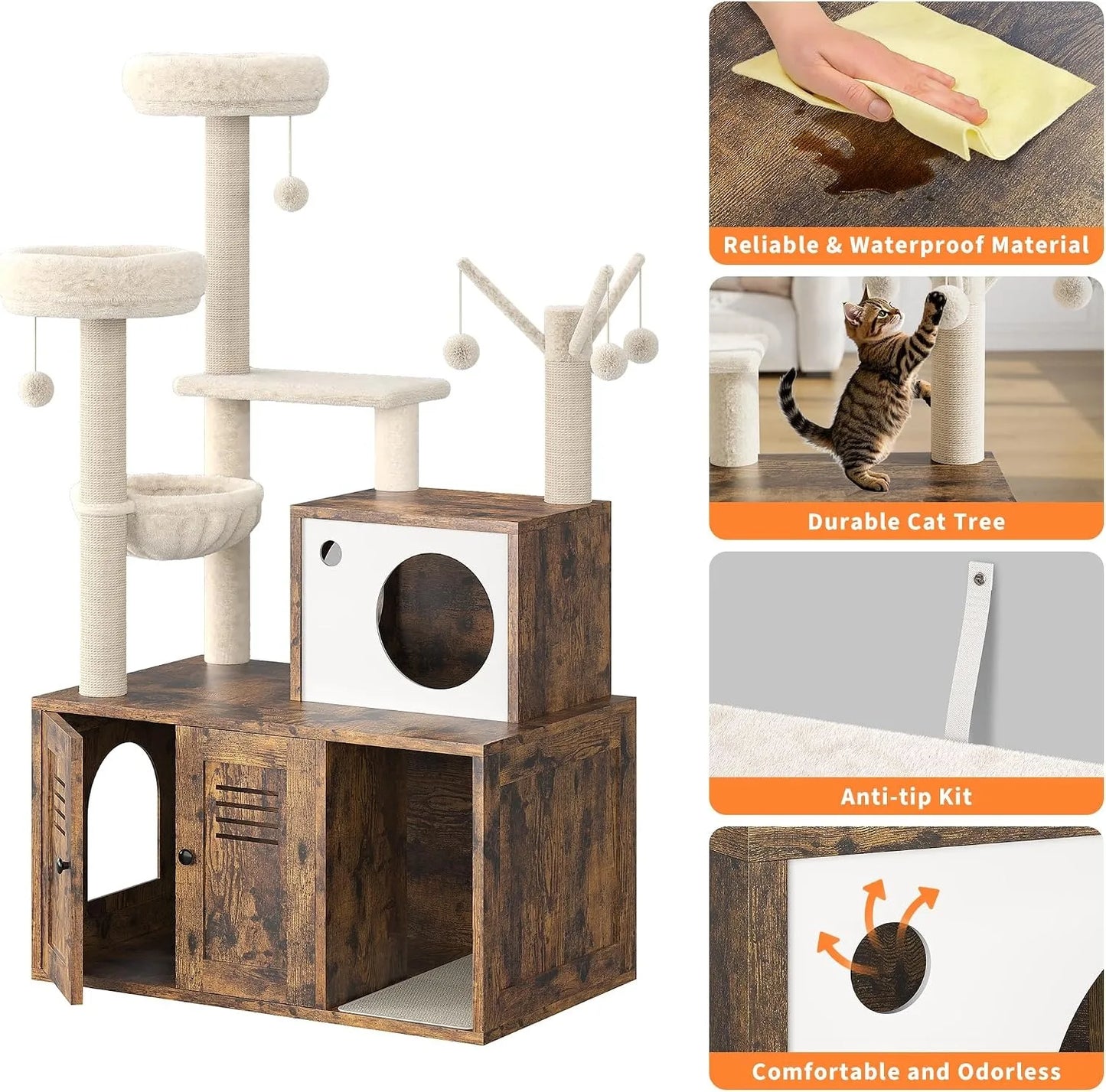Cat Tower with Litter Box Enclosure, 2-in-1 Modern Cat Tree, 55.1-Inch Cat Condo with Scratching Posts, Hidden Litter Cabinet, Hammock & Perches, Engineered Wood, Indoor Use