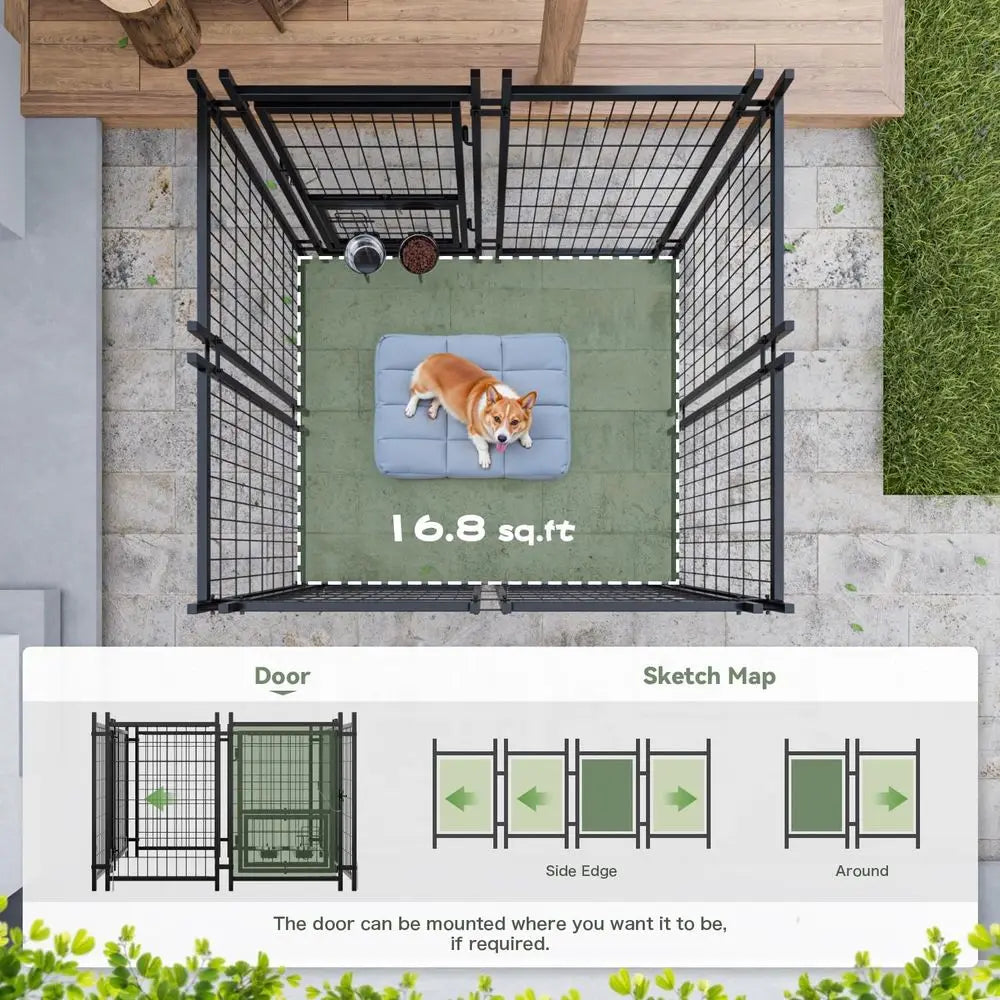Sturdy Steel Outdoor Dog Kennel with Lockable Door, Weather-Resistant Roof, and Rotating Bowls for Various Dog Sizes