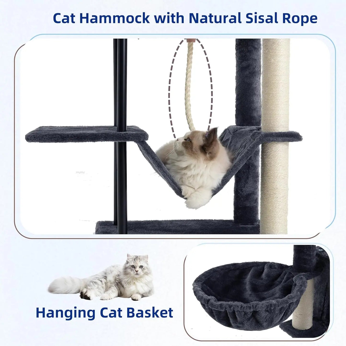 43.3 Inch Cat Tree Tower for Indoor Cats With Sturdy Steel Tube, Hammock, Condo, Scratching Post in Smoky Gray