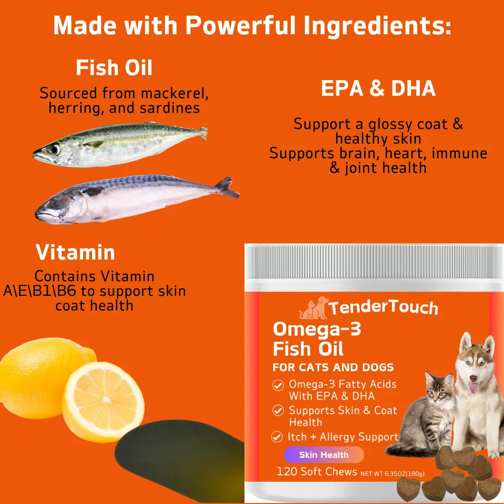 240 Chews - 2 Pack (2 x 180g/6.35oz) 360g/12.7oz - TenderTouch Omega 3 Fish Oil Supplement for Dogs & Cats, Omega 3 Fish Oil