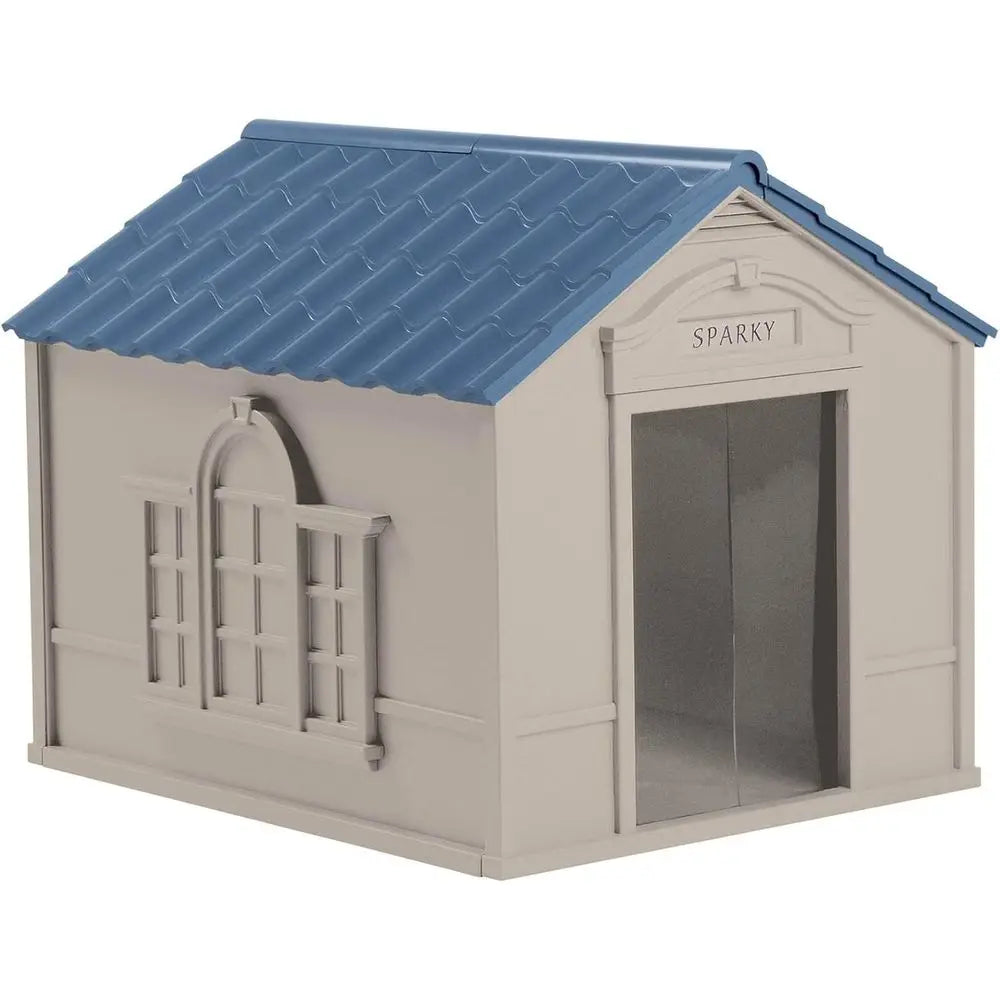 Luxury Dog House for Large Dogs with Removable Roof, Ventilation, Raised Floor, and Custom Labels, Taupe/Blue