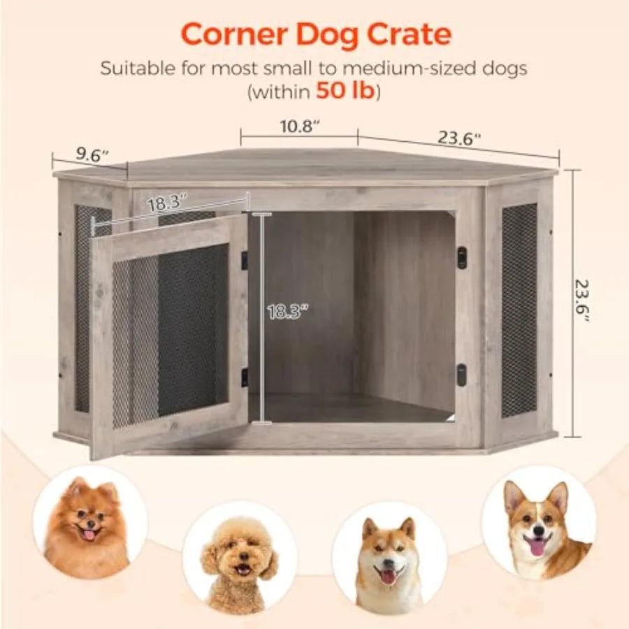 Corner Dog Crate Furniture, Wooden Dog Kennel End Table, Decorative Pet Crate Indoor Use, Furniture Style Dog House for Small to Medium Dog