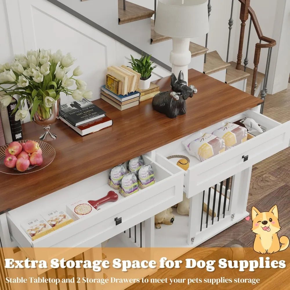 63'' Double Dog Crate Furniture for 2 Dogs, XXL Wooden 2 Dog Kennel, Wooden Dog Kennel with 2 Drawers, Divider and Sliding Door,