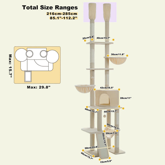 Floor to Ceiling Cat Tree With Sisal Scratching Posts, Cozy Condo Hammock, Adjustable Height Tall Cat Tower for Indoor Cat Toys