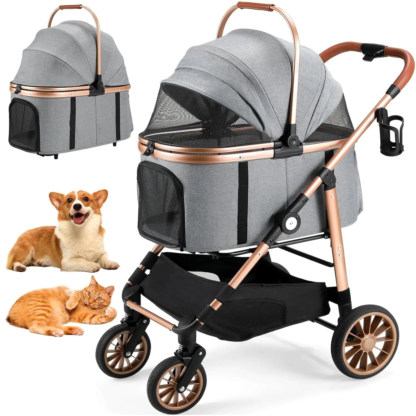 360° High Wheels Transport Foldable Cat Pet Stroller 2-in-1 Dog Buggy Stroller Dog Box Can Be Attached in Car, Max. Load 25 kg