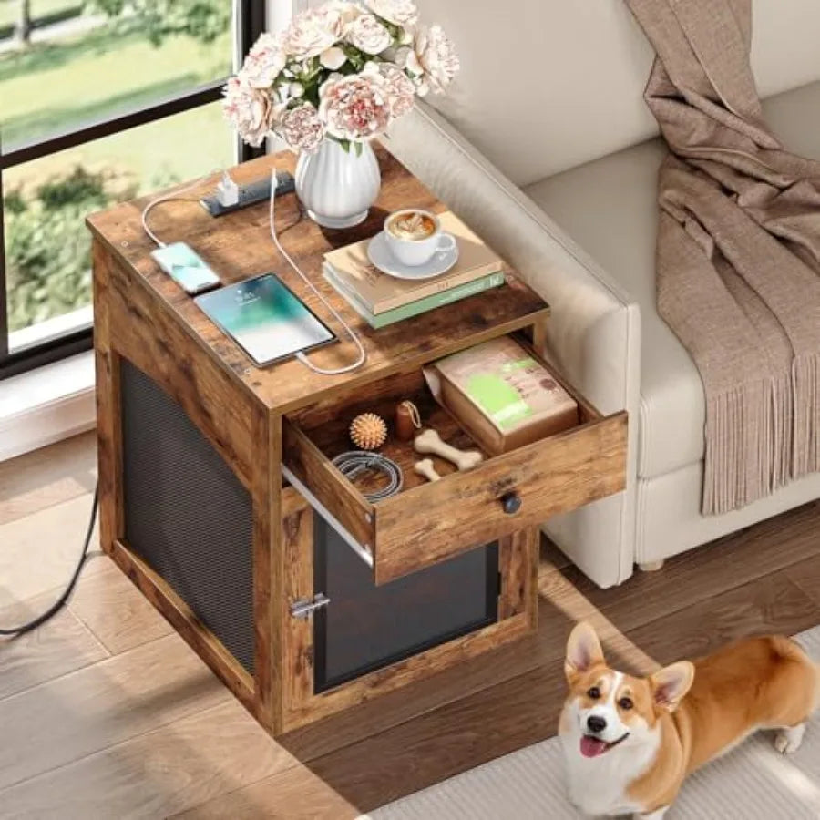 Dog Crate Furniture, Dog Kennel with Drawer and Charging Station, Indoor Decorative Puppy House, Wooden Pet Crate End Table