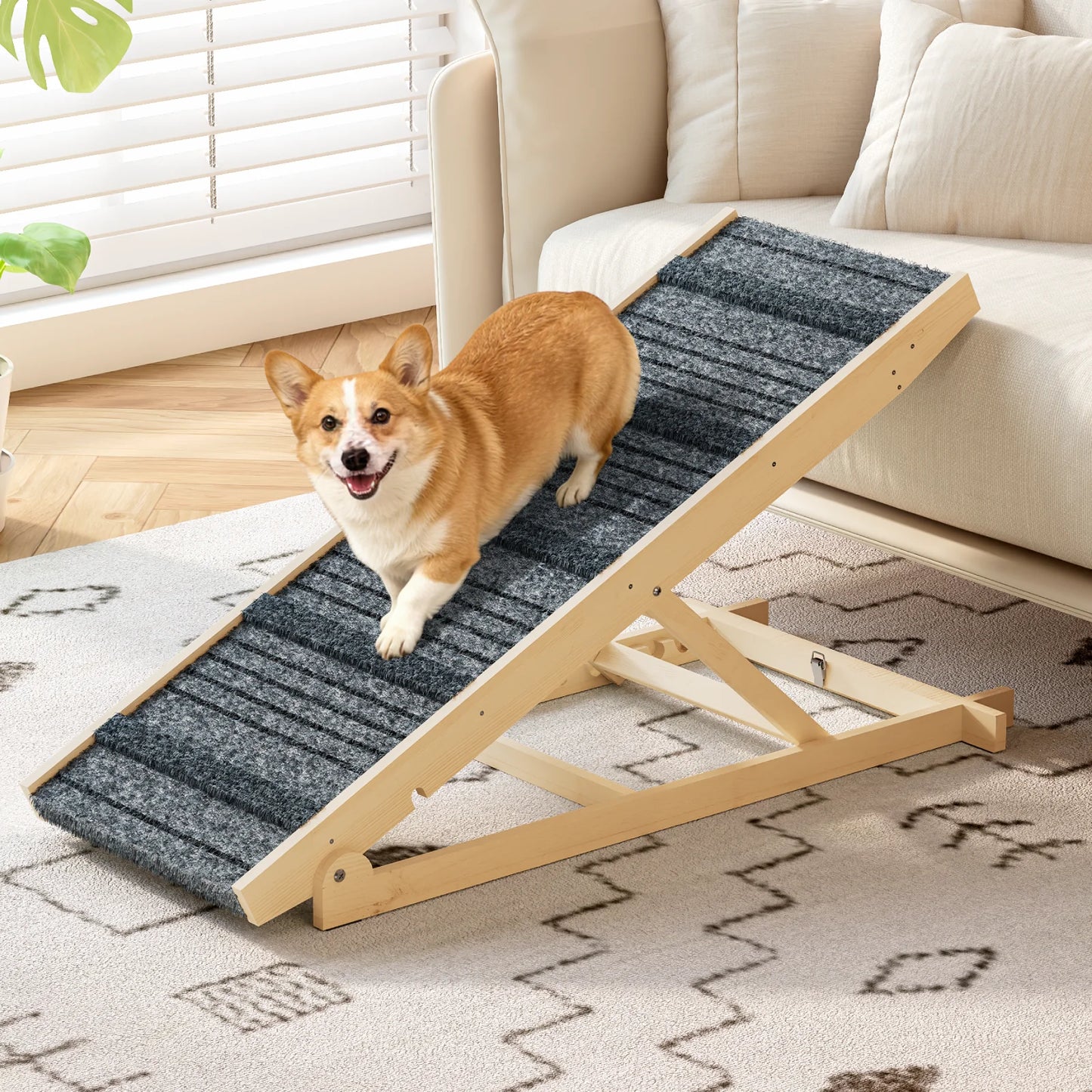 Adjustable Dog Ramp Pet Wooden Folding Dog & Cat Stair for Couch High Bed Non Slip Carpet Surface 7 Levels Height Adjustable
