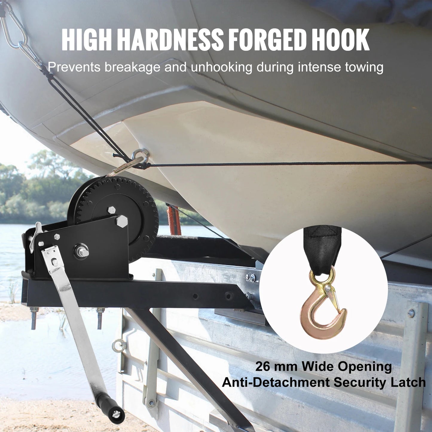Hand Winch Boat Trailer Winch Heavy Duty Rope Crank Polyester Strap & Two-Way Ratchet Manual Operated Hand Crank Winch
