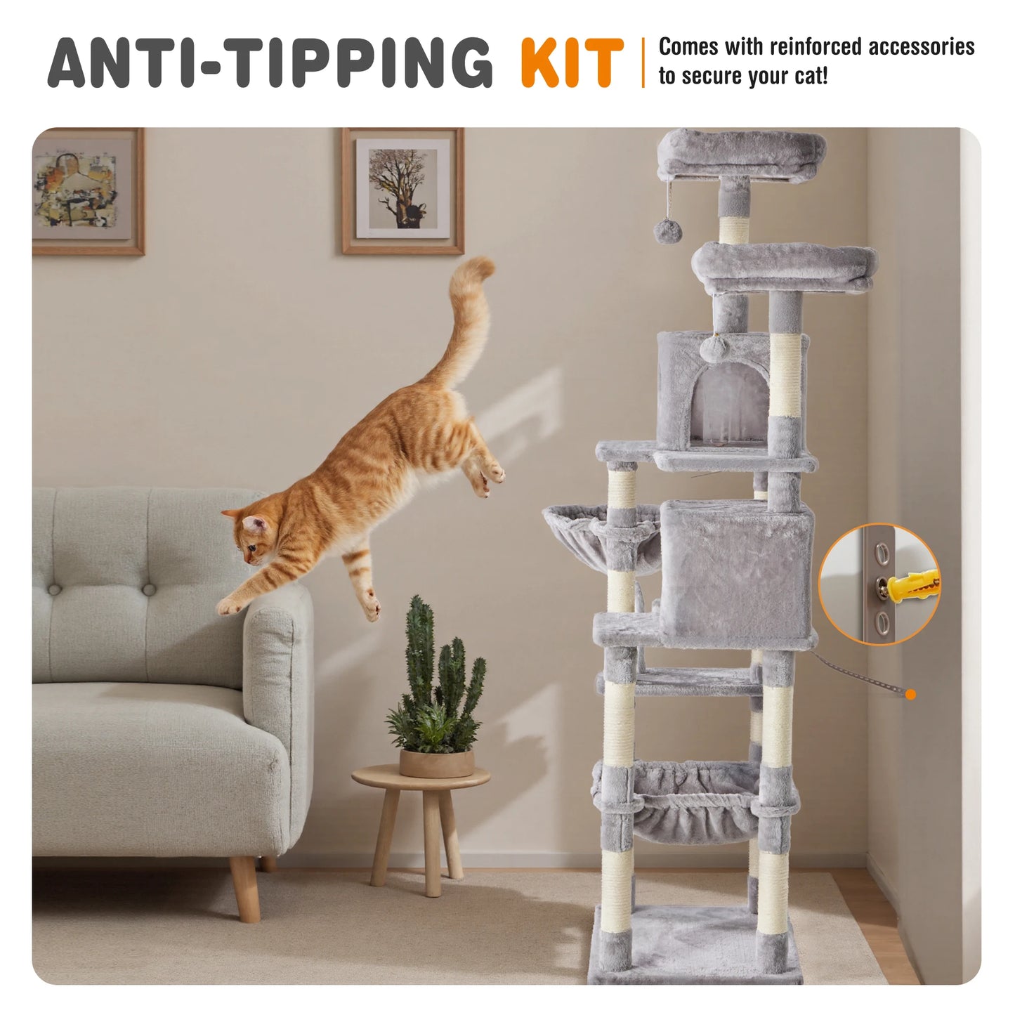 71 Inch Cat Climbing Tower Natural Sisal Scratching Posts, Multi-Level Cat Tree Tower with Condo Pet House for Indoor Cats