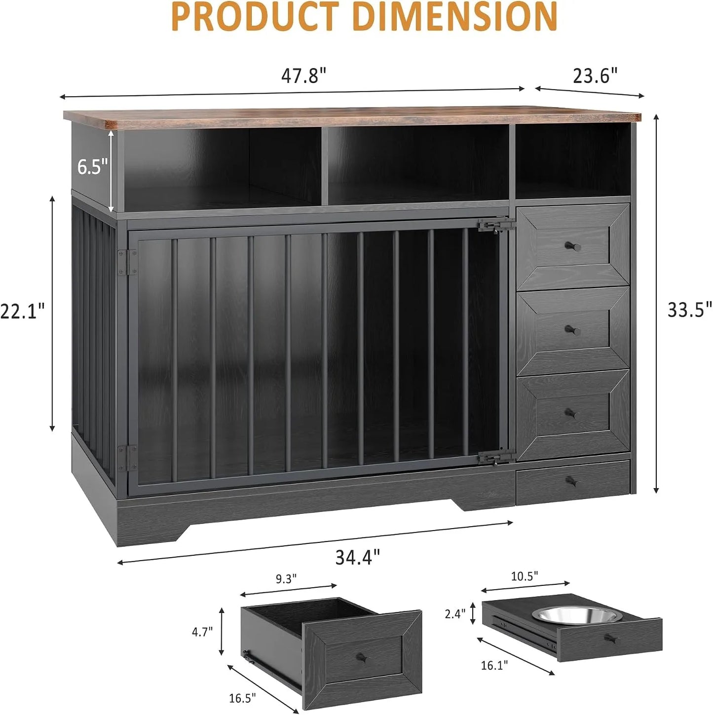 48 Inch Dog Crate Furniture with Feeding Bowl Storage Drawers Heavy Duty Wooden Dog Kennel Cabinet Lockable Indoor Pet Cage Table for Small Medium Dogs Living Room Bedroom Office