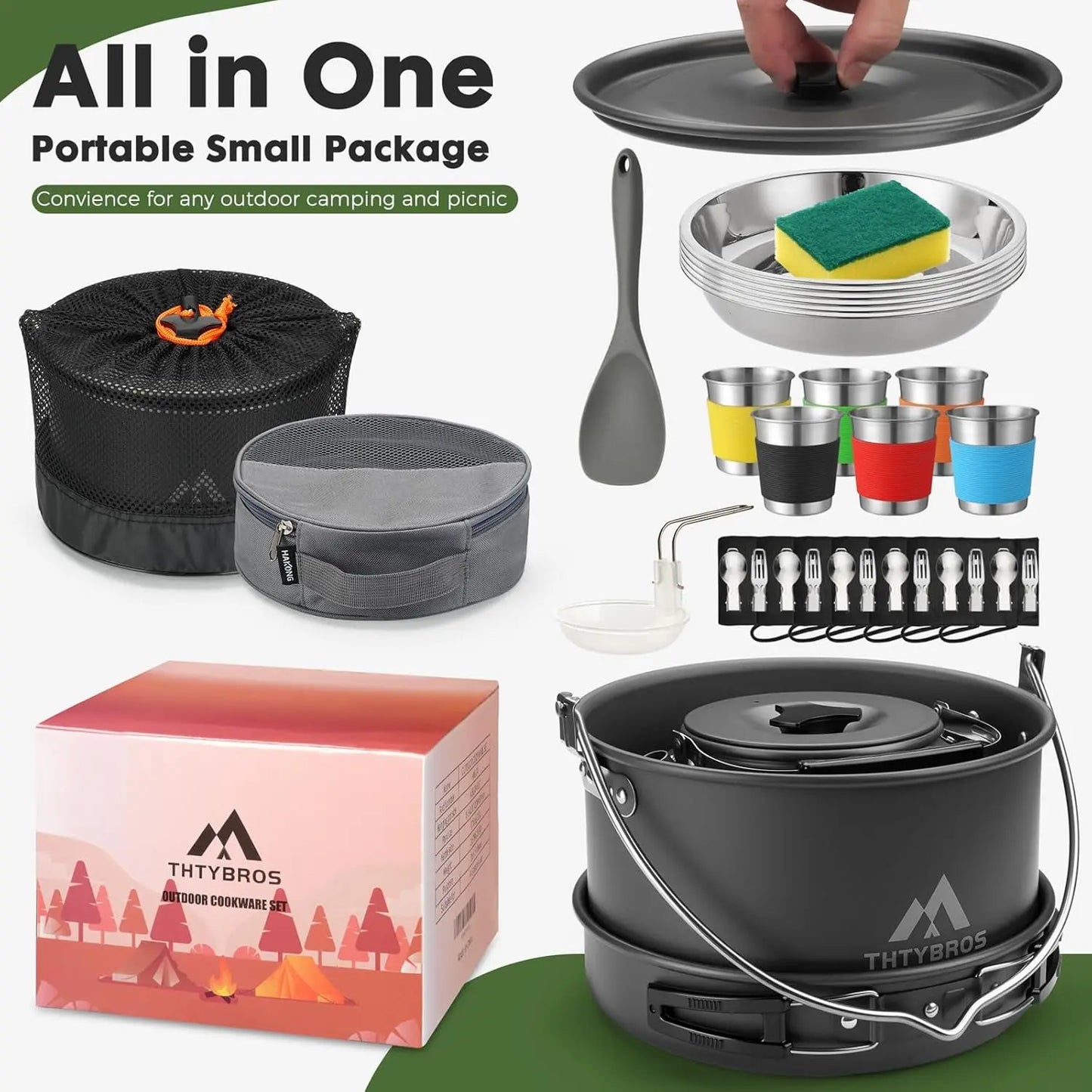 27pcs Camping Cooking Set for 2-4 People, Portable Cookware Set with Kettle, Pots & Pans, Stainless Steel Utensils, Plates, Dish, Cup
