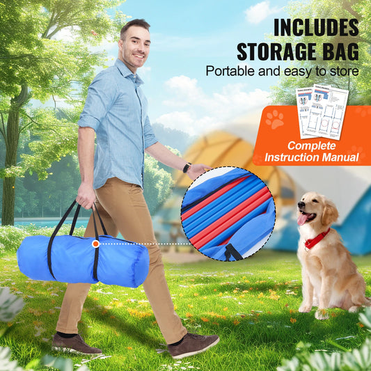 Dog Agility Training Equipment 4 PCS Set with Adjustable High Hurdles 6 Weave Poles Jump Ring Square Pause Box Whistle