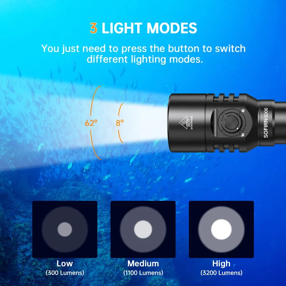 SD06 3200lm Diving Flashlight SFT70 LED Light Rechargeable Underwater Deep Scuba Torch Dive  Powerful 21700 Under 100M