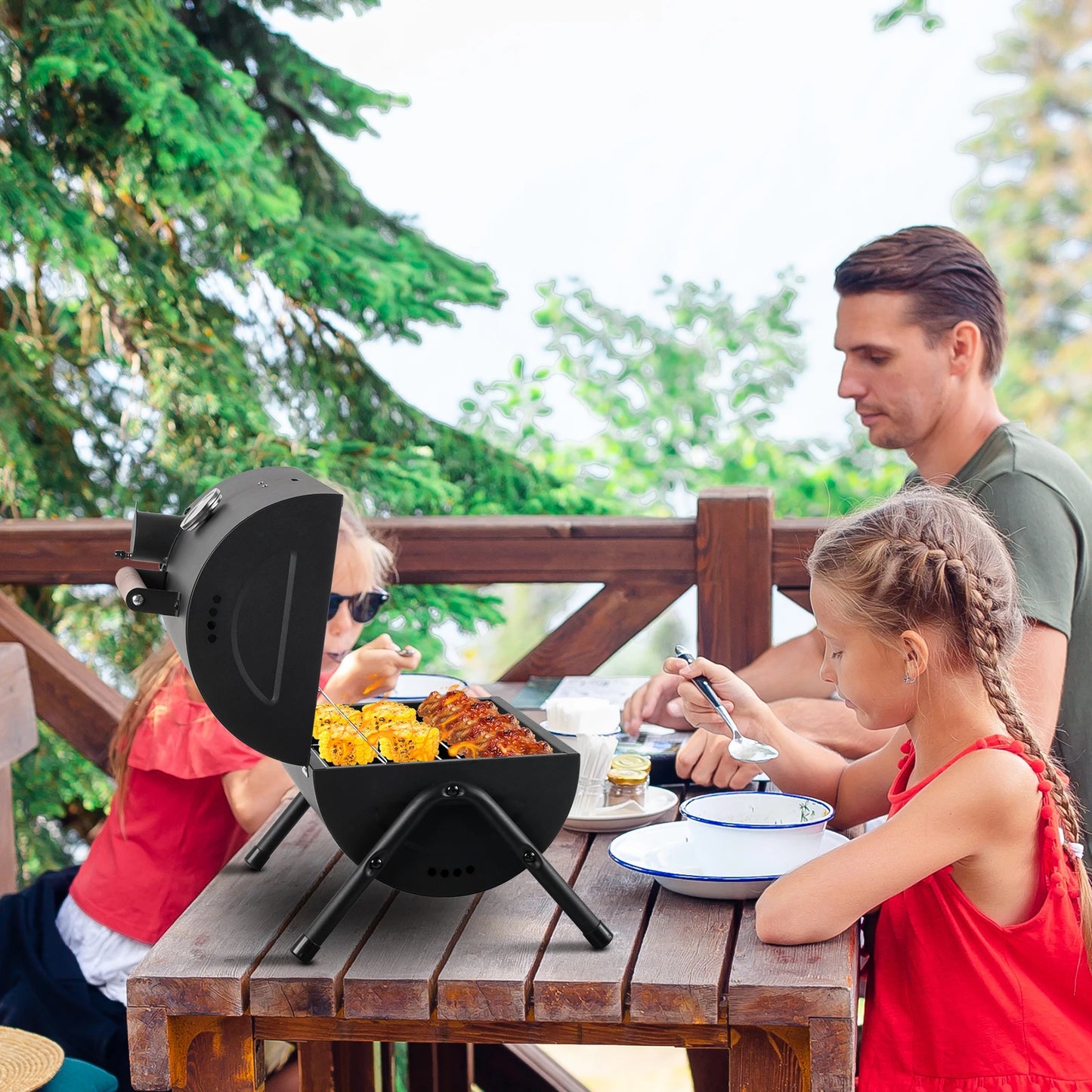 Portable Charcoal Grill with Thermometer and Wooden Handle Compact Tabletop Barbecue Grill Outdoor Camping BBQ Backyard Party
