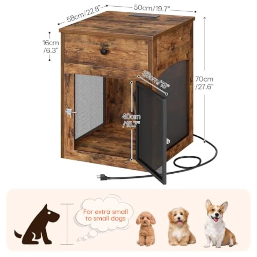 Dog Crate Furniture, Dog Kennel with Drawer and Charging Station, Indoor Decorative Puppy House, Wooden Pet Crate End Table