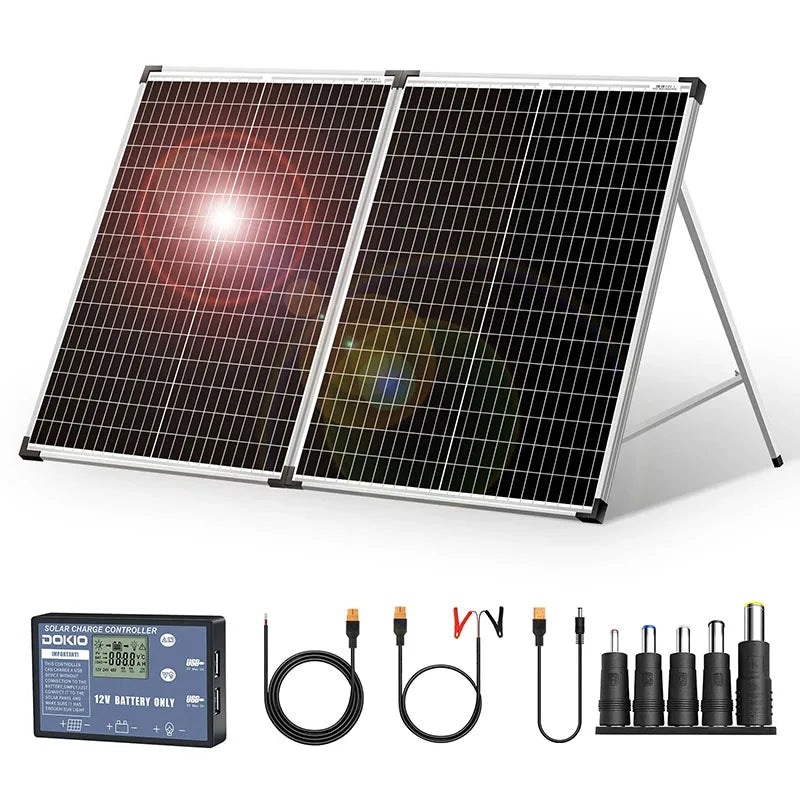 100W/160W/200W Foldable Glass Solar Panel Kit with 12V Controller, Cable Set, for RV/Home/Backup Power