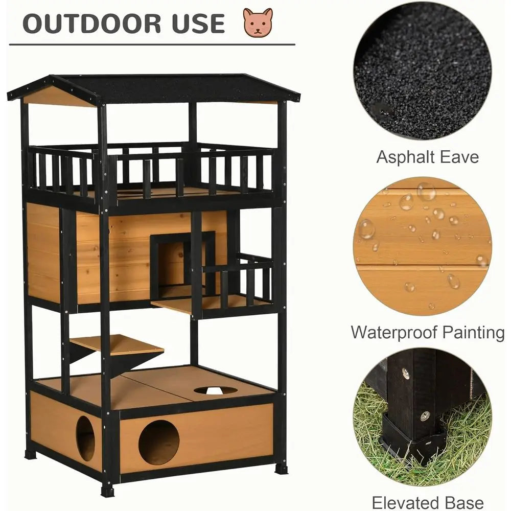 Wooden Outdoor Cat House, Feral Cat Shelter Kitten Condo with Asphalt Roof, Ese Do, Condo, Jumping Platform, Yellow