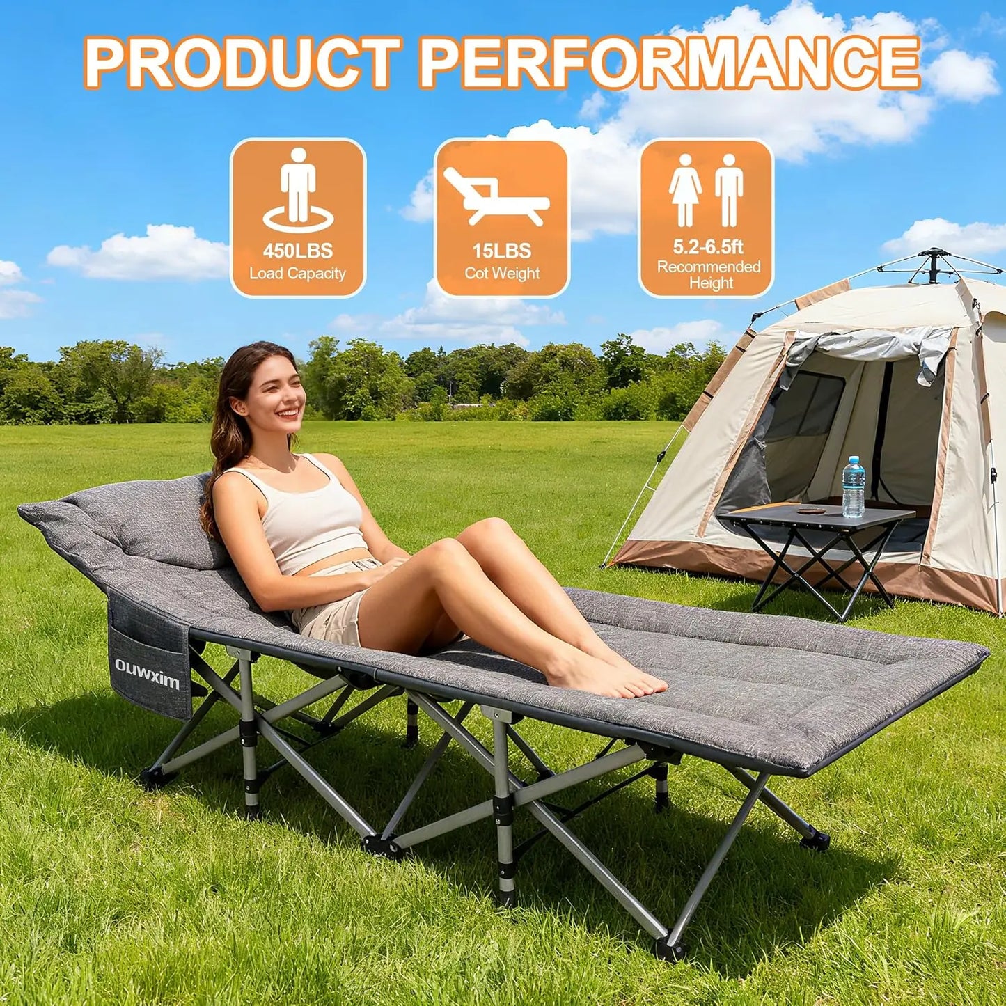 Camping Cot for Adults with Pillow, 450lb Capacity, No Assembly Folding Cot for Outdoor, Compact Storage