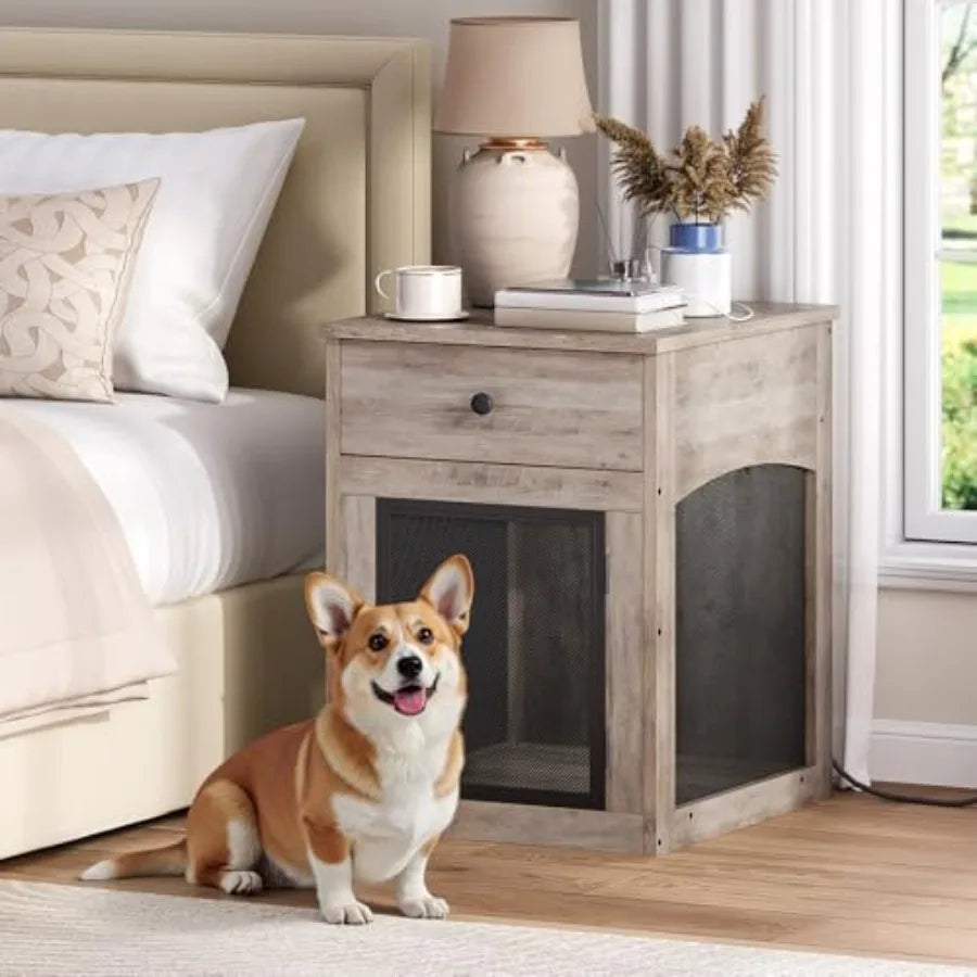 Dog Crate Furniture, Dog Kennel with Drawer and Charging Station, Indoor Decorative Puppy House, Wooden Pet Crate End Table