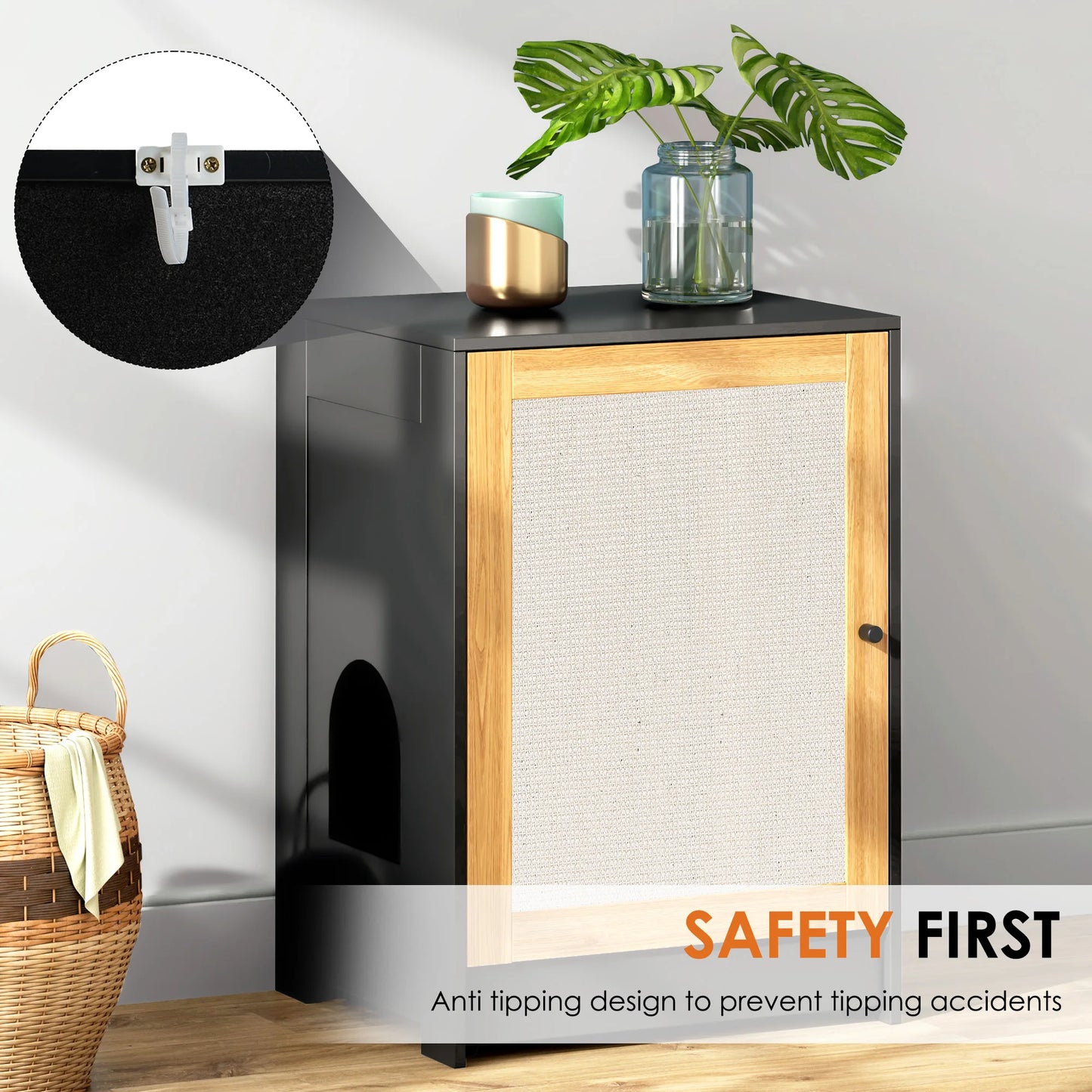 Black Cat Litter Box Enclosure, Hidden Litter Cabinet with Sisal Door, Multi-Functional Kitty End Table