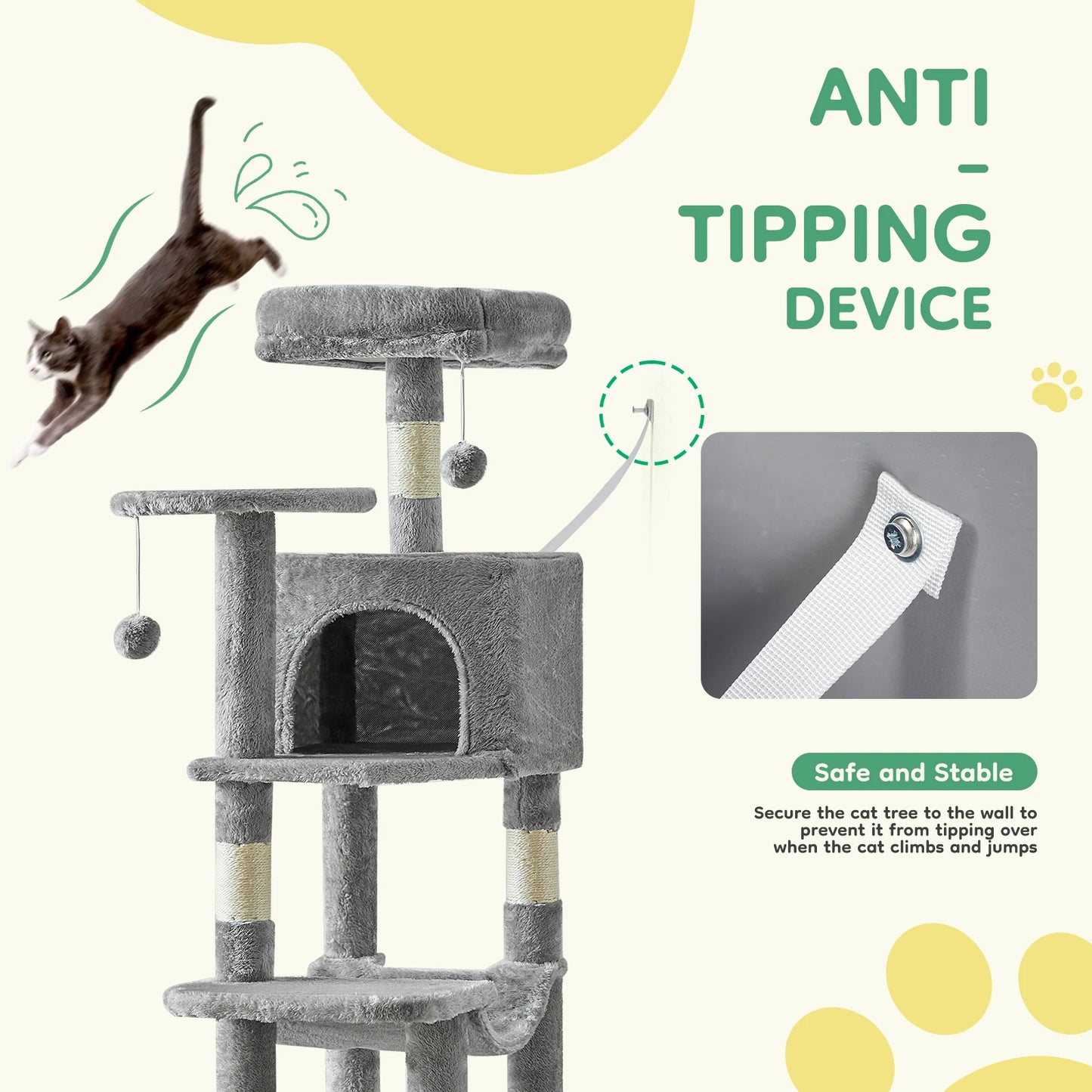 44" Cat Tree Tall Multi-Cat Climbing Tower for Pet Furniture Natural Sisal Scratching Posts Stable Pet House for Indoor Cat