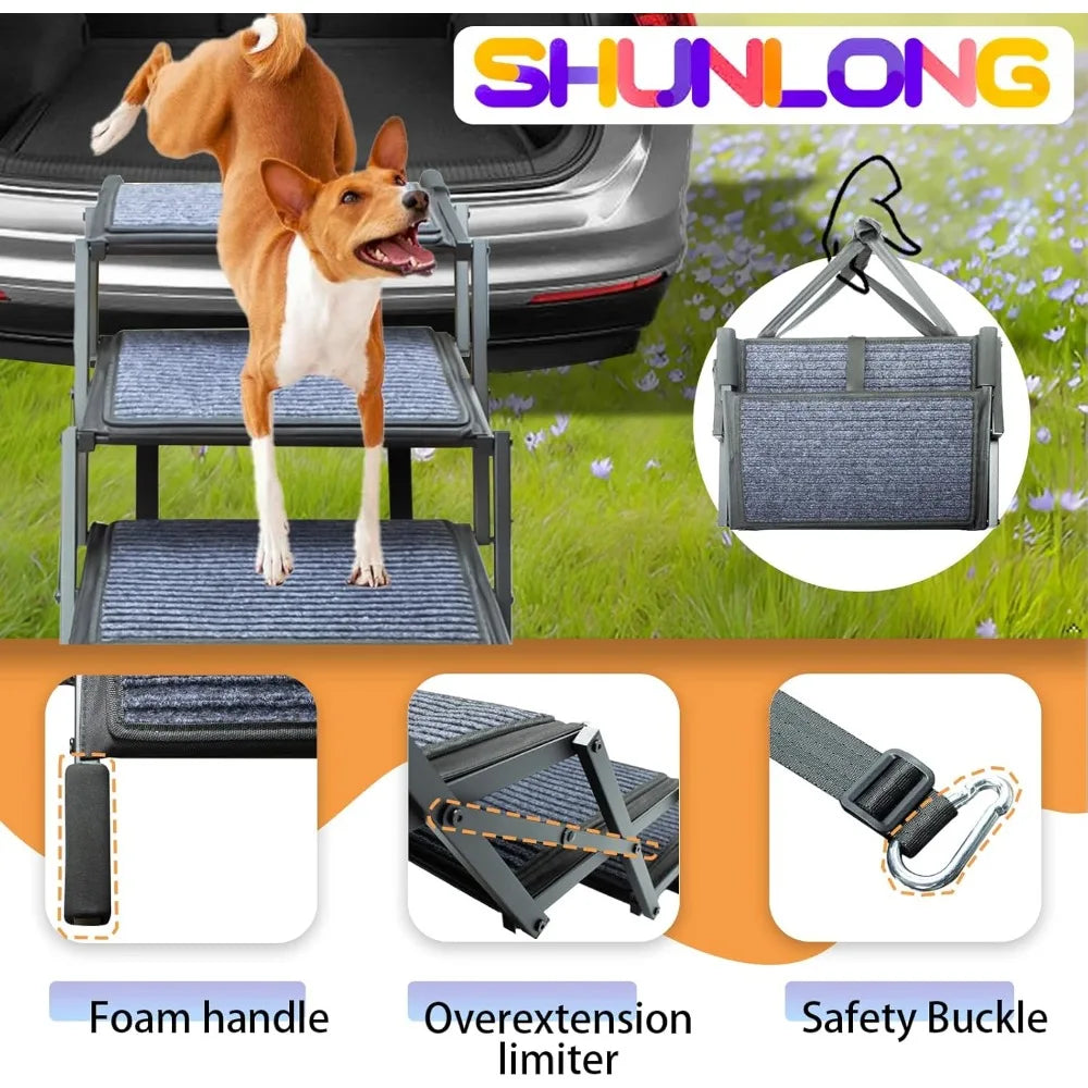 Dog Ramp for Car Truck, and SUV Dog Stairs for Large Dogs Folding Pet Stairs With Non-Slip Rug Surface Supports Up to 250 lbs