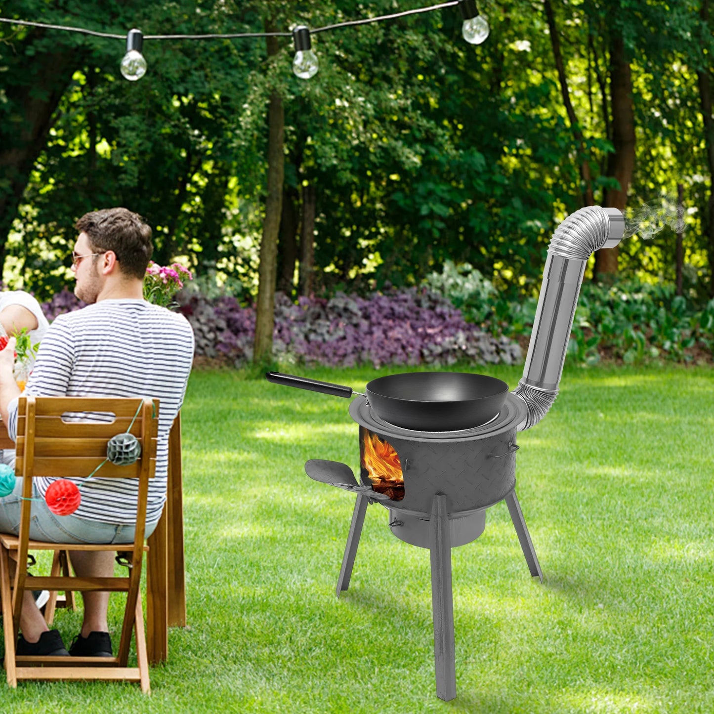 Portable Wood Burning Stove with 3 Wok Rings – Heavy-Duty Steel Construction, 220lbs Load Capacity, Tripod Stable Design, Includes Chimney, Ashtray, Grill Grate & Tools, Perfect for Outdoor Cooking, Camping, BBQ, Boiling, S