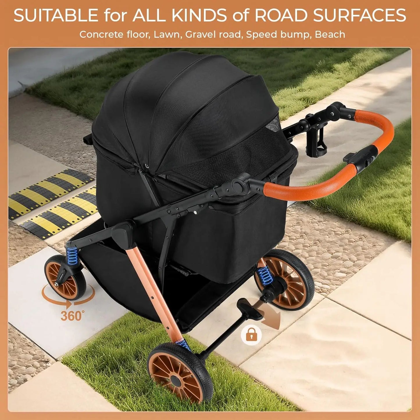 Foldable Pet Stroller for Medium Dog Cat, Pet Travel Carrier, Adjustable Handle with Sun Shade, Shock Absorbers, All-Terrain