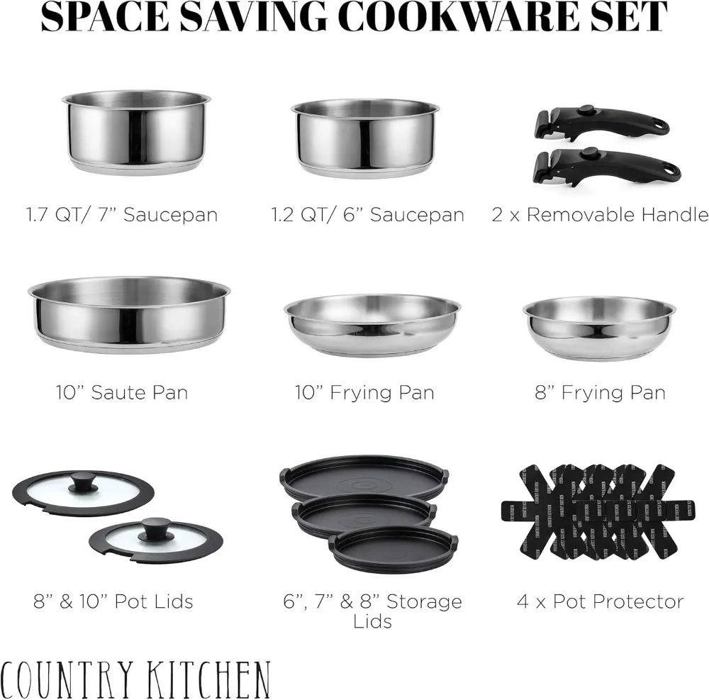 Country Kitchen Cookware Set with Removable Handle, Oven & RV Safe Pots and Pans Set, Stainless Steel