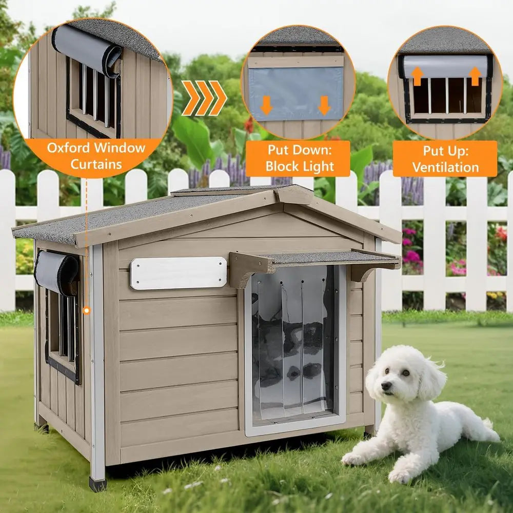Indoor/Outdoor Dog House with Chew-Resistant, Weatherproof Roof, Window for Small to Medium Dogs