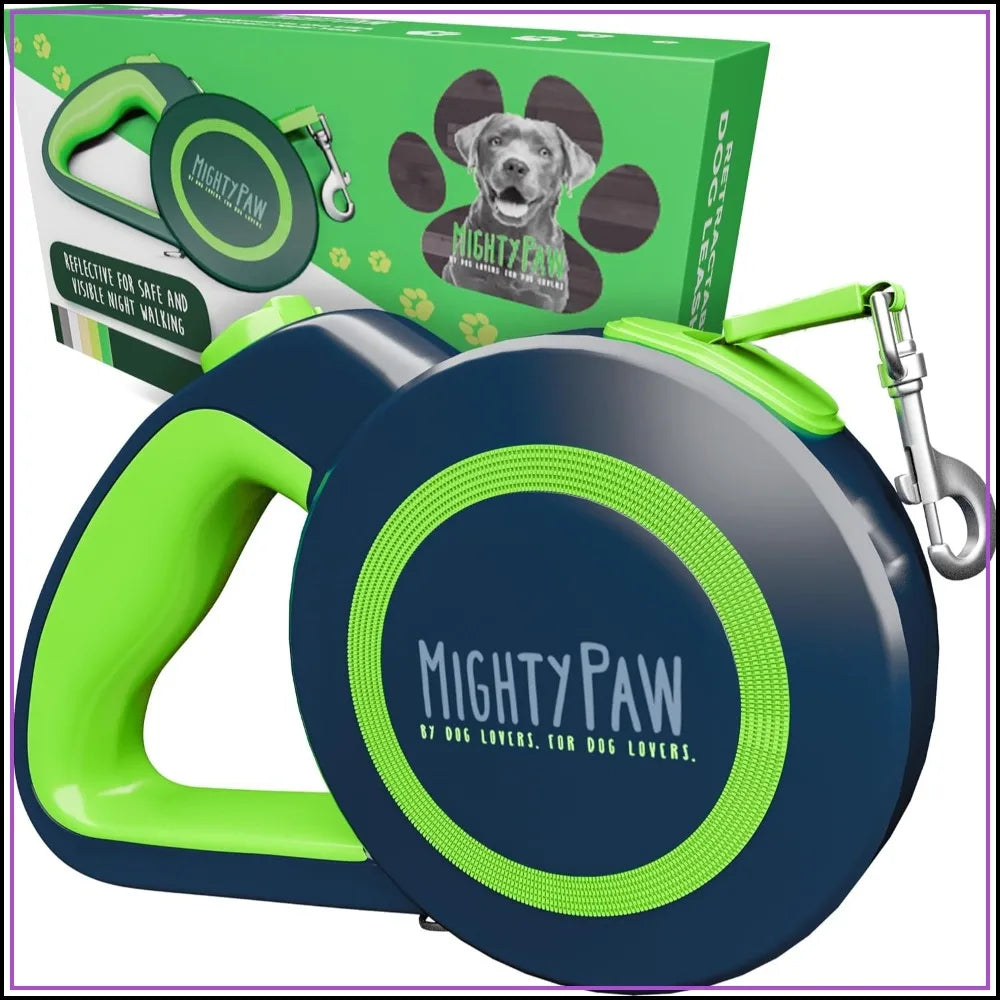 Retractable Dog Leash 16ft Heavy Duty Reflective Nylon for Small & Medium Dogs, Tangle-Free with Quick-Lock Brake & Anti-Slip Handle (Green/Lite)