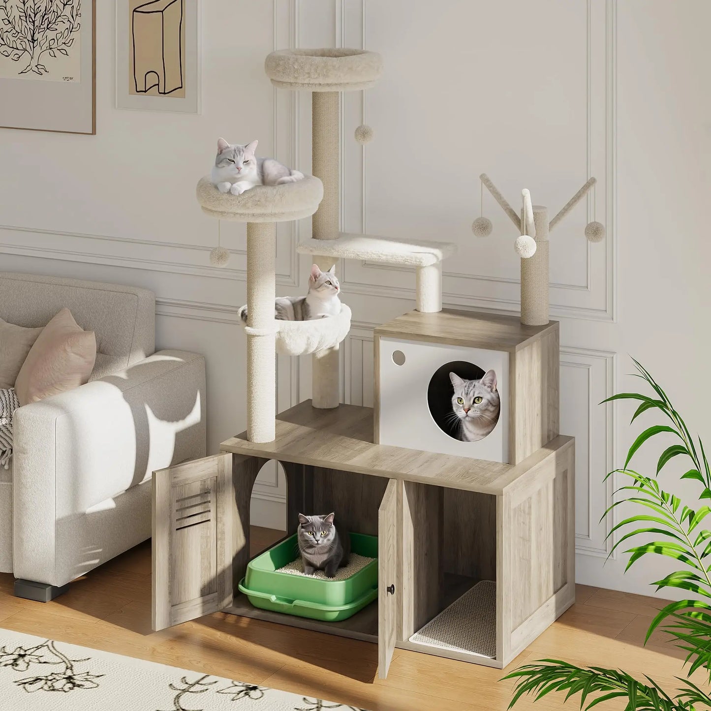 Modern Wooden Cat Tree With Hidden Litter Box, Multi-Level Cat Condo Furniture, Scratching Posts & Litter Cabinet For Indoor Cats