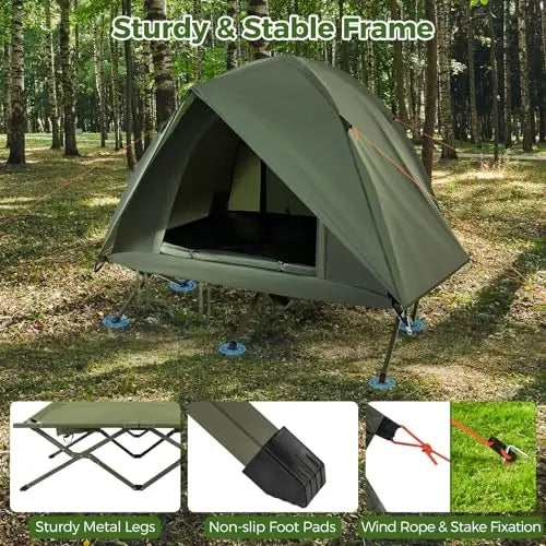 Elevated 2-Person Camping Tent With Integrated Cot, Removable Rainfly, Sturdy Metal Frame, Non-Slip Pads, Wind Ropes And Stakes