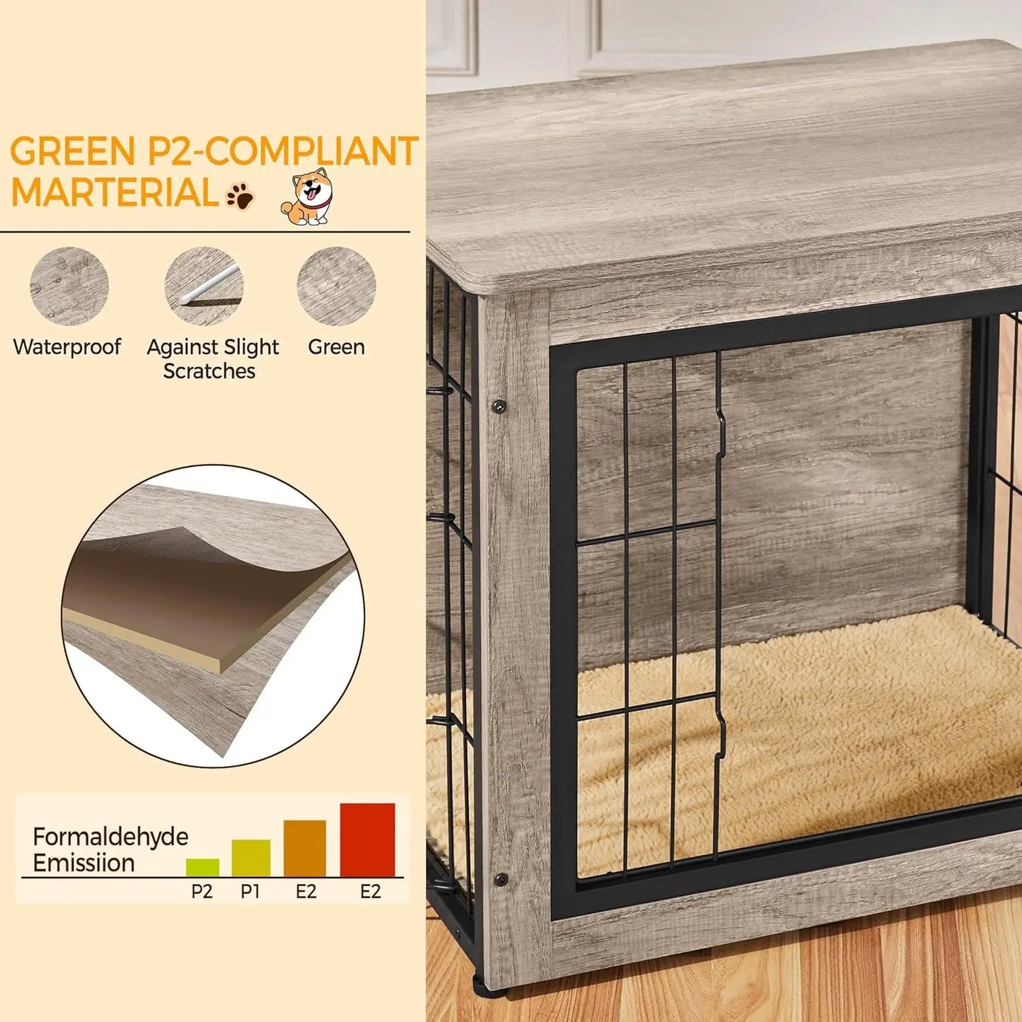 Wooden Dog Crate Furniture with Cushion, Double Doors, Side Table for Small/Medium Dogs, Greige