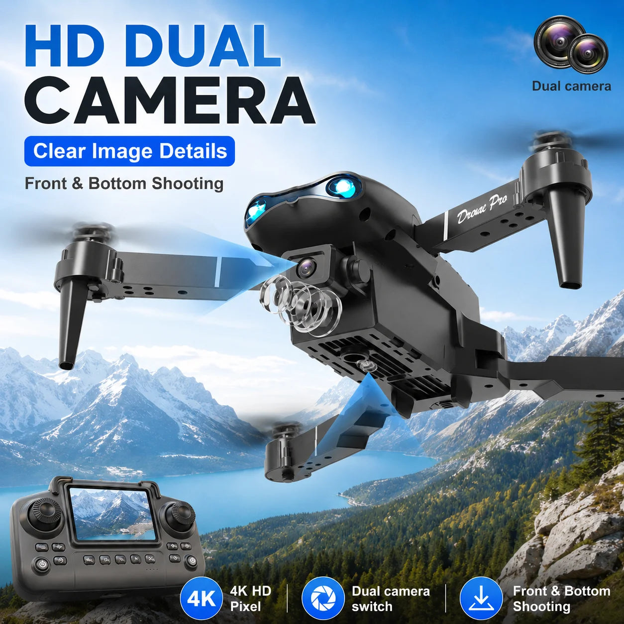 RC Drone with Screen Remote Control 4K Dual Camera Optical Flow Positioning Obstacle Avoidance Foldable FPV WIFI APP Control One Key Return 360° Flip Quadcopter Toy for Beginners