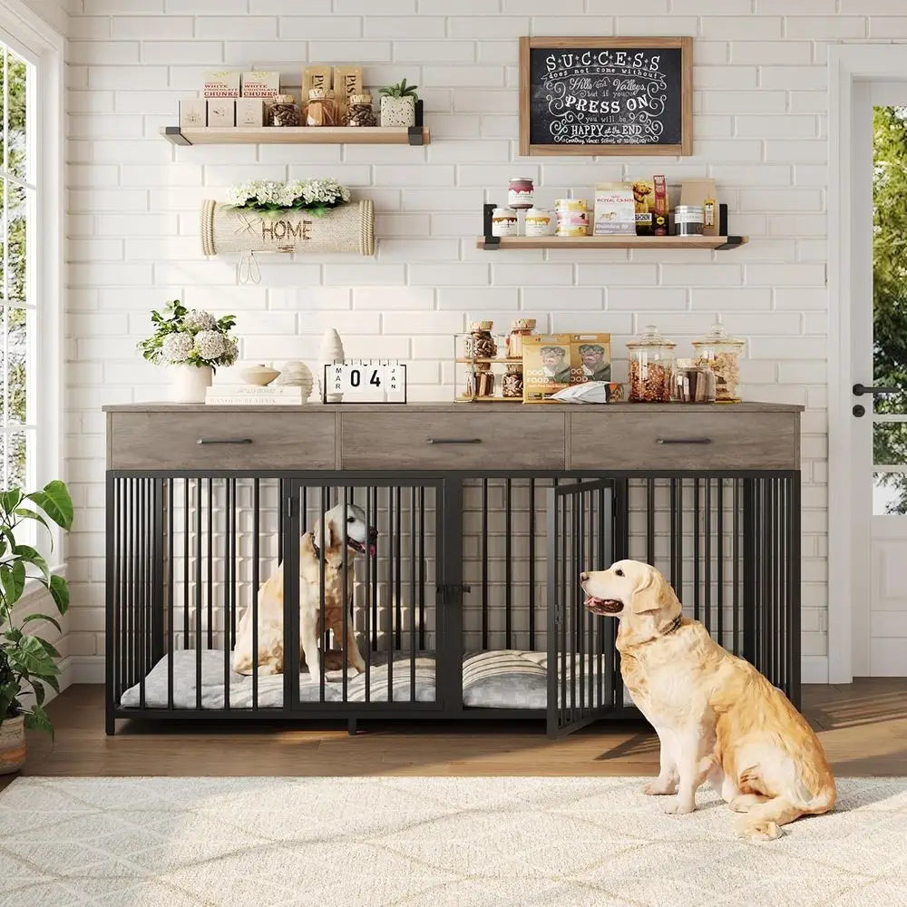 71 Wide Indoor Dog Kennel with 3 Doors, Suitable for 2 Large/Medium Dogs, Heavy Duty Cage with Removable Divider, Wooden Pet House