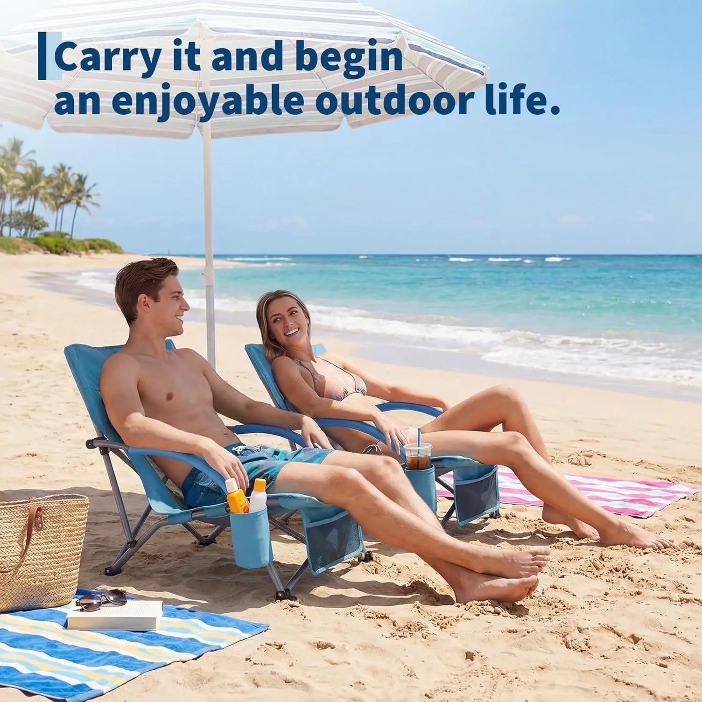 High Back Beach Chair, Folding Beach Chairs, Extra Wide Seat Chair with Cup Holder, Storage Pocket & Carry Bag for Camping Travel