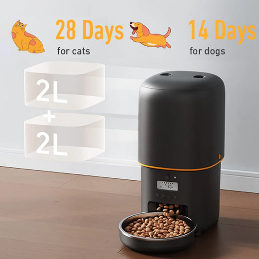 4L Automatic Cat Feeder, Smart Pet Food Dispenser with Key Control, Voice Recorder, Dual Power Supply, Timed Auto Dog Feeder with Stainless Steel Bowl