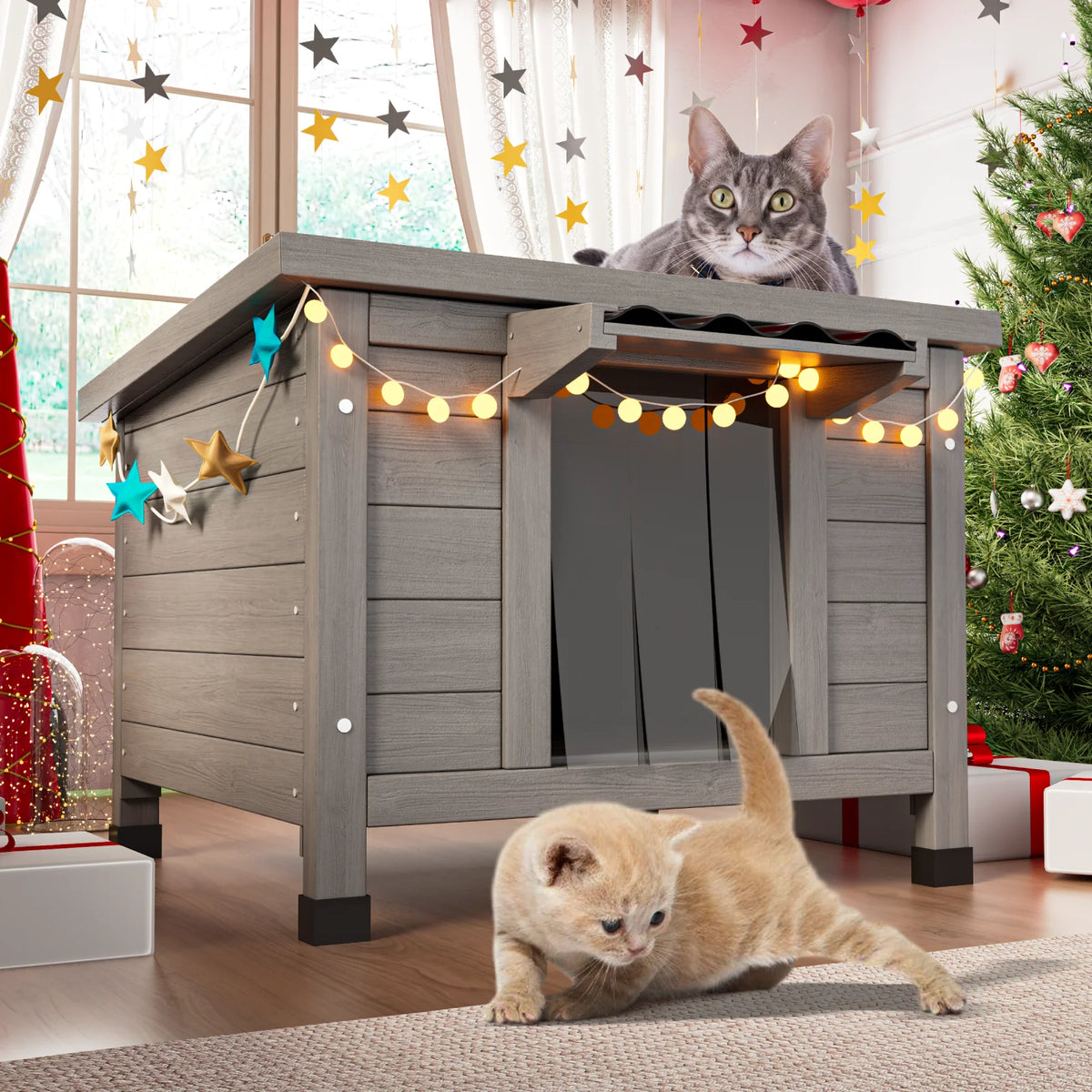 23.6" Wooden Outdoor Cat House, Weatherproof Shelter for Feral Cats, Elevated Feet & Corrugated Roof, Waterproof Cat Shelter for Outdoor Indoor Cats