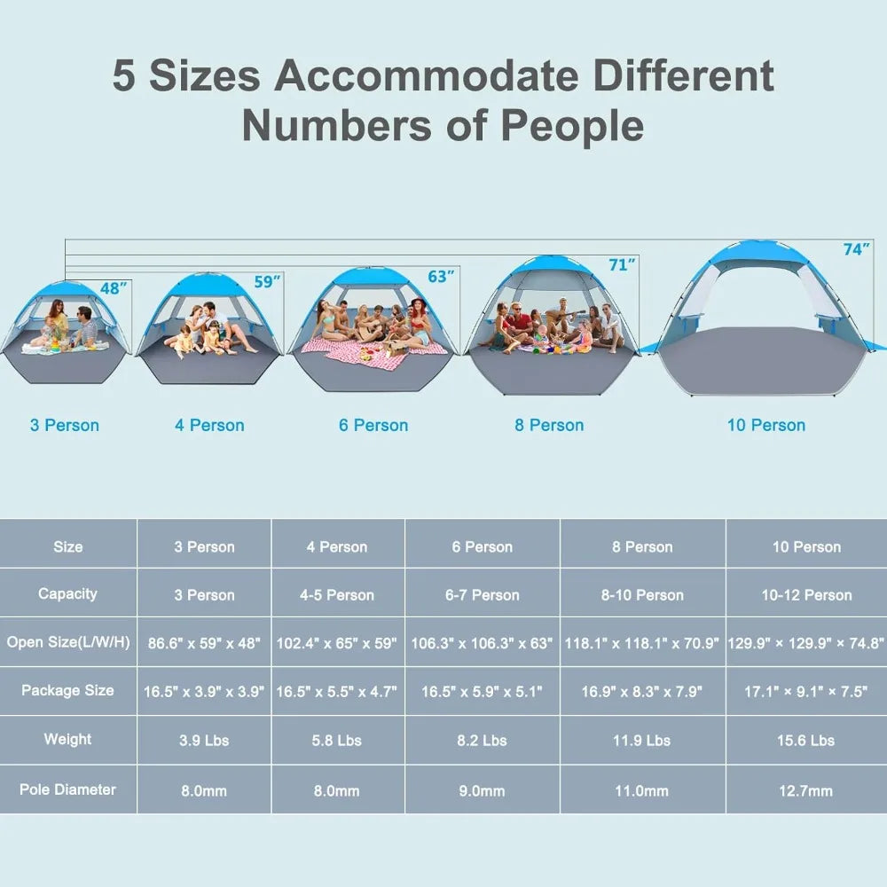 Beach Tent Sun Shelter for 4-10 Person, UPF 50+ UV Protection, Lightweight & Easy Setup, Portable Shade Canopy
