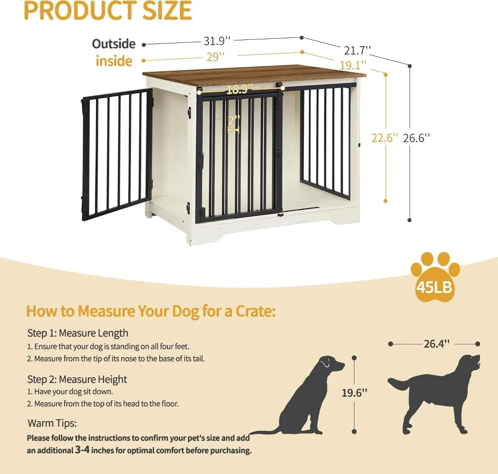 31.9" Wooden Dog Crate Furniture with Barn Door, Heavy Duty Indoor Kennel for Small Medium Dogs up to 44 lb, Anti-Chew Anti-Escape, White Brown