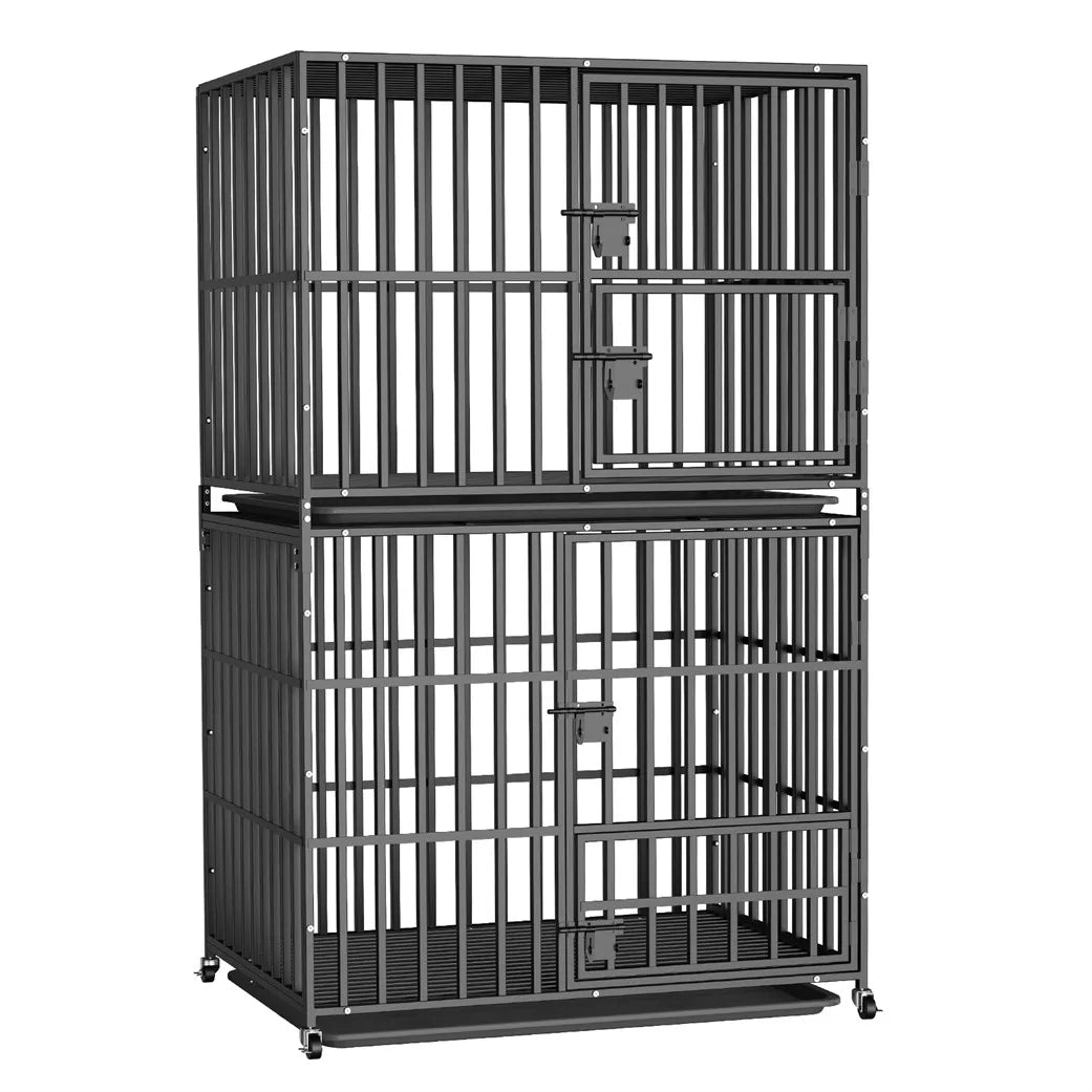 Oversized Stackable Dog Crate Heavy Duty Double Layer Dog Kennel Cage for Medium Large Dogs with Removable Tray Lockable Wheels