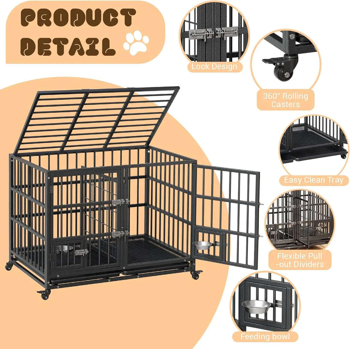 42 Inch Heavy-Duty Dog Crate Metal Dog Cage with Double Door Lockable Wheels Removable Divider Trays Feeding Doors for Small, Medium, Large Dogs Indoor