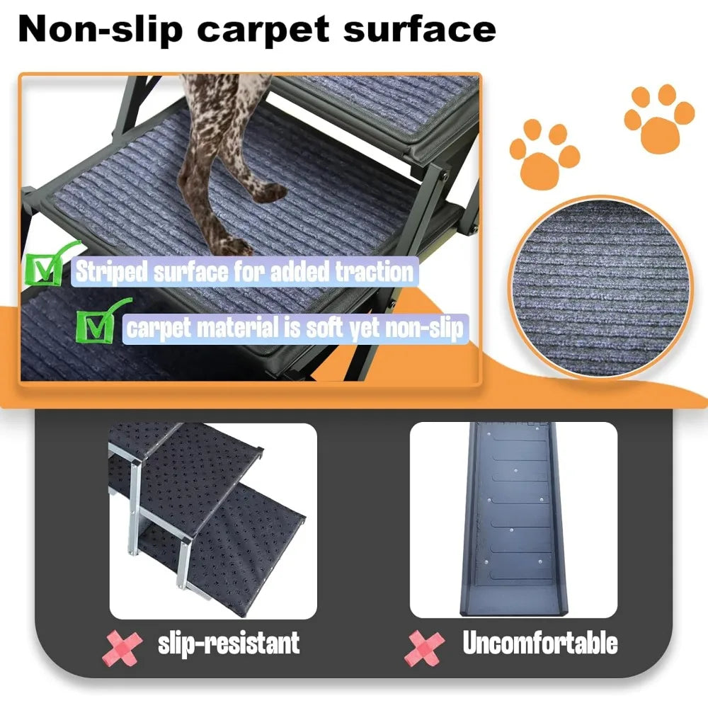Dog Ramp for Car Truck, and SUV Dog Stairs for Large Dogs Folding Pet Stairs With Non-Slip Rug Surface Supports Up to 250 lbs